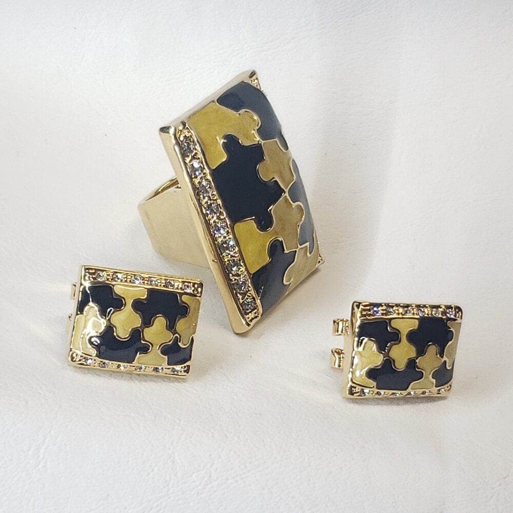 NWT Camille Lucie ๐ Yellow & Black Puzzle Ring & Earring Set โ Size 8 - Picture 5 of 6